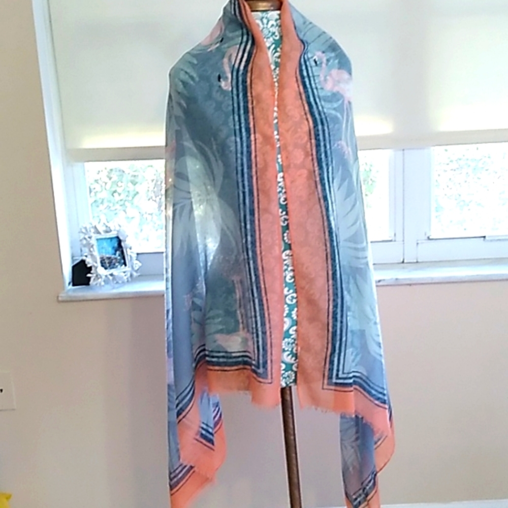 Flamingo scarf. Lightweight.  Pink flamingos on a blue background